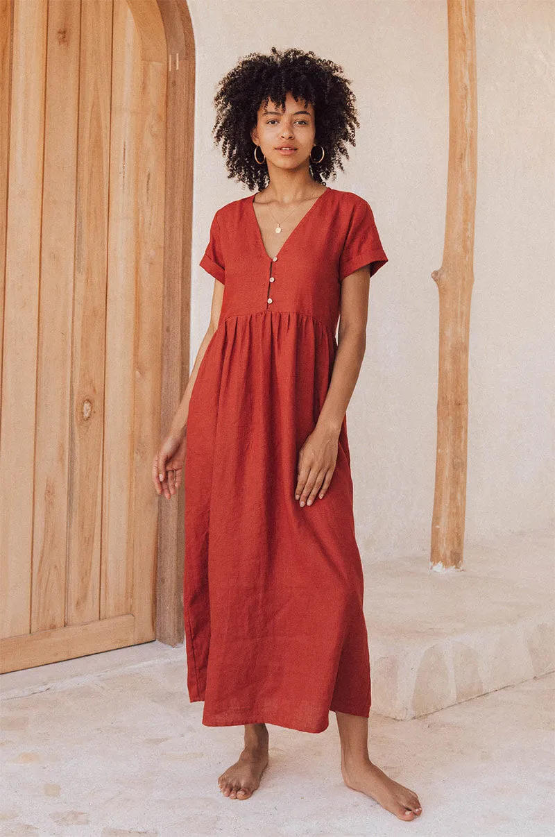 SUNSEEKER Midi Dress - warm red linen