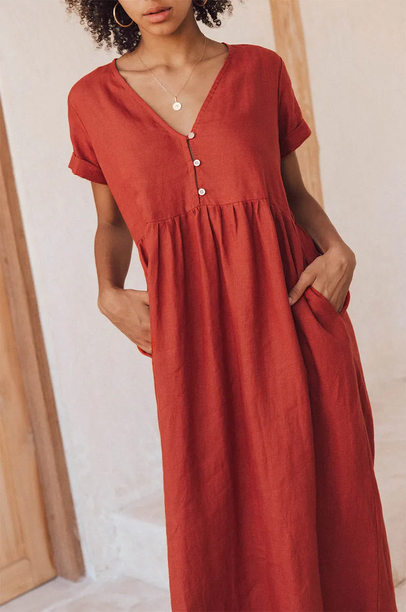 SUNSEEKER Midi Dress - warm red linen