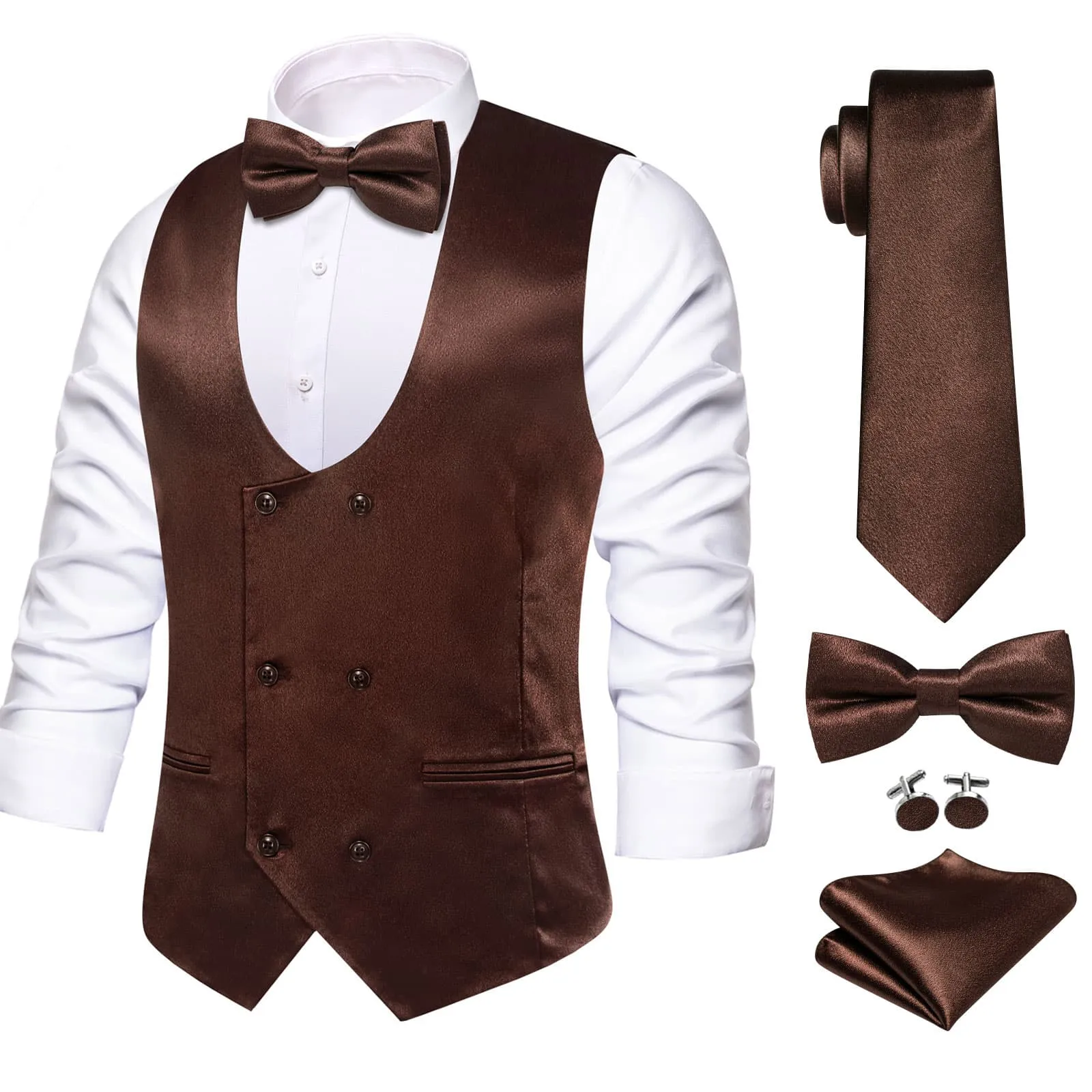 Ties2you Double Breasted Vest Seal Brown Solid Mens Work Vest Tie Bowtie Set 5PC