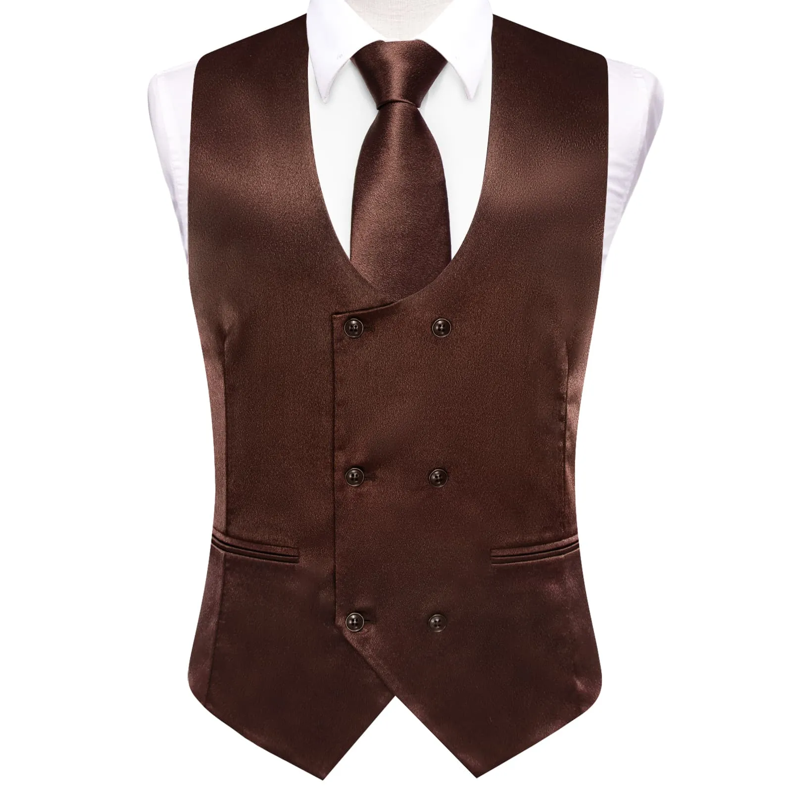 Ties2you Double Breasted Vest Seal Brown Solid Mens Work Vest Tie Bowtie Set 5PC