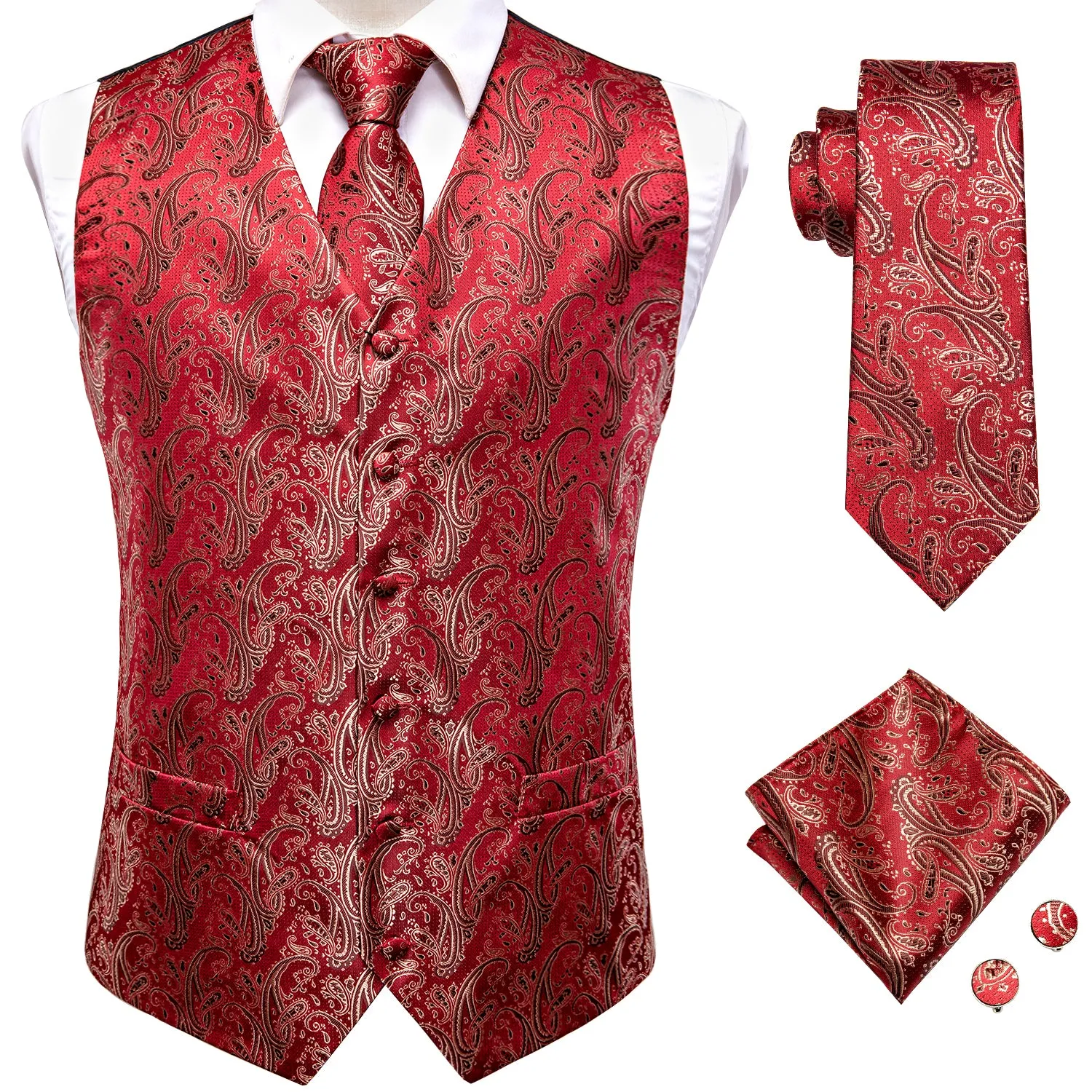 Ties2you Suit Vest Red Paisley Men's Vest Tie Hanky Cufflinks Set Waistcoat Set Classic