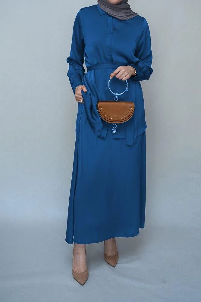 Turquoise Blouse Skirt Modest set maxi skirt with elasticated waistband maxi sleeve buttoned shirt with a detachable belt