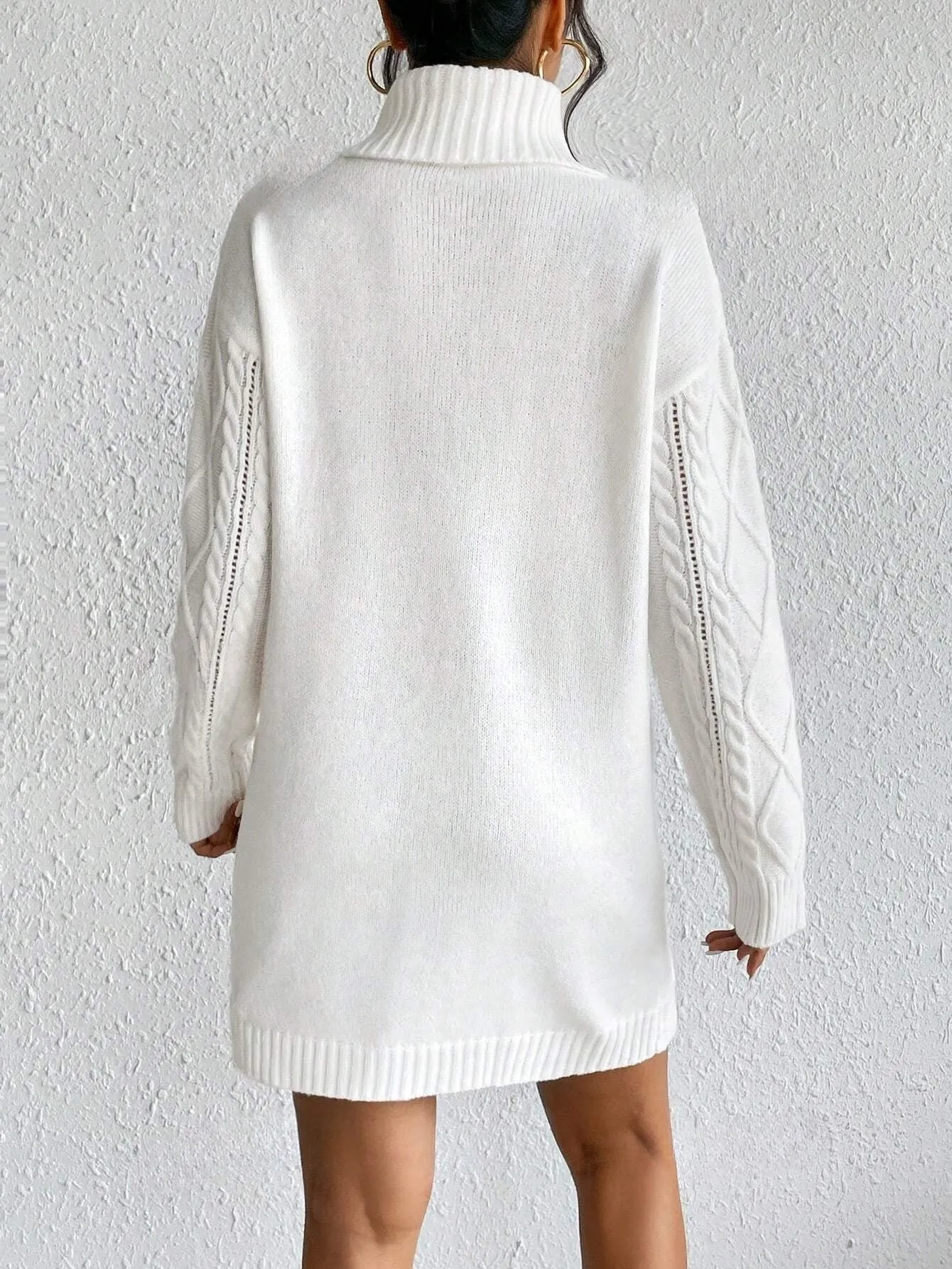 Turtleneck Dual Pocket Cable Knit Drop Shoulder Sweater Dress