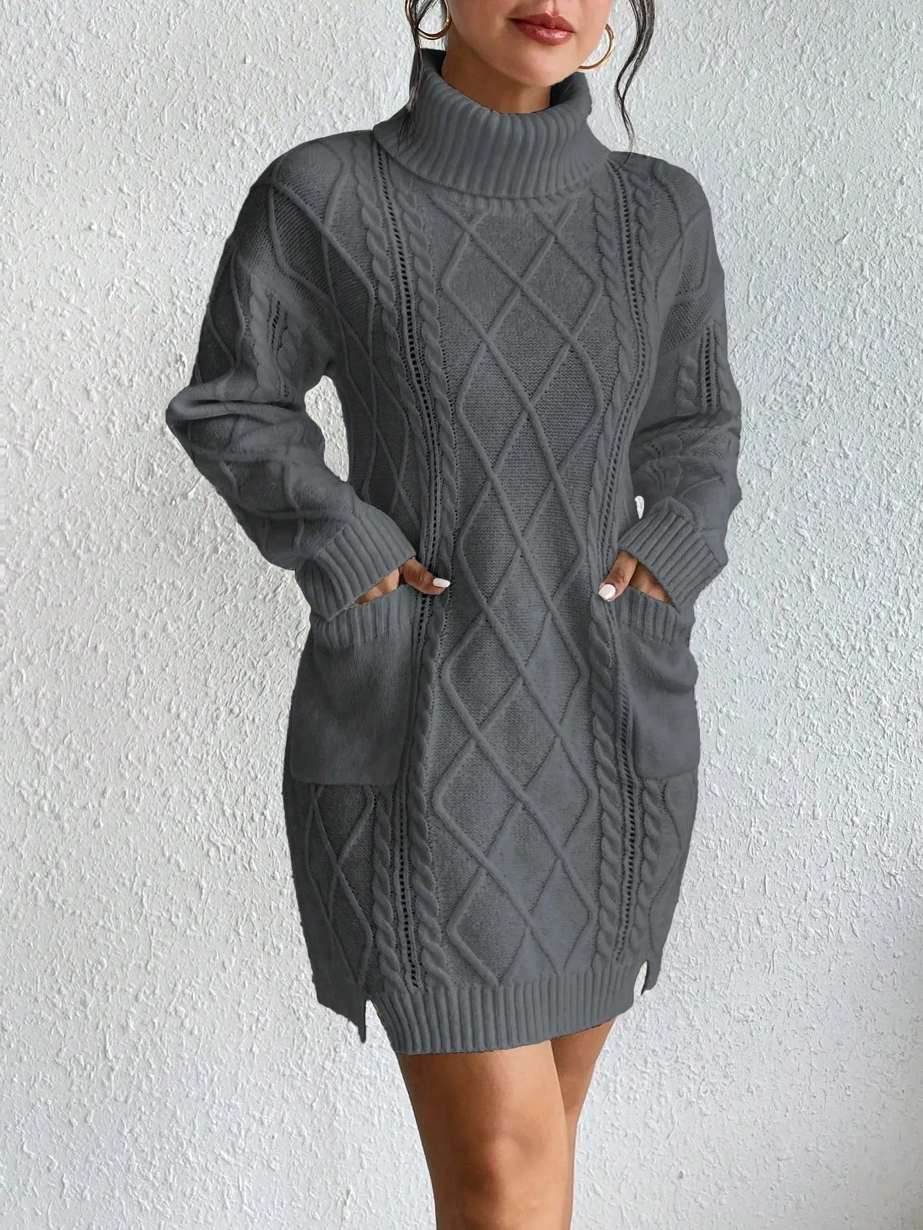 Turtleneck Dual Pocket Cable Knit Drop Shoulder Sweater Dress