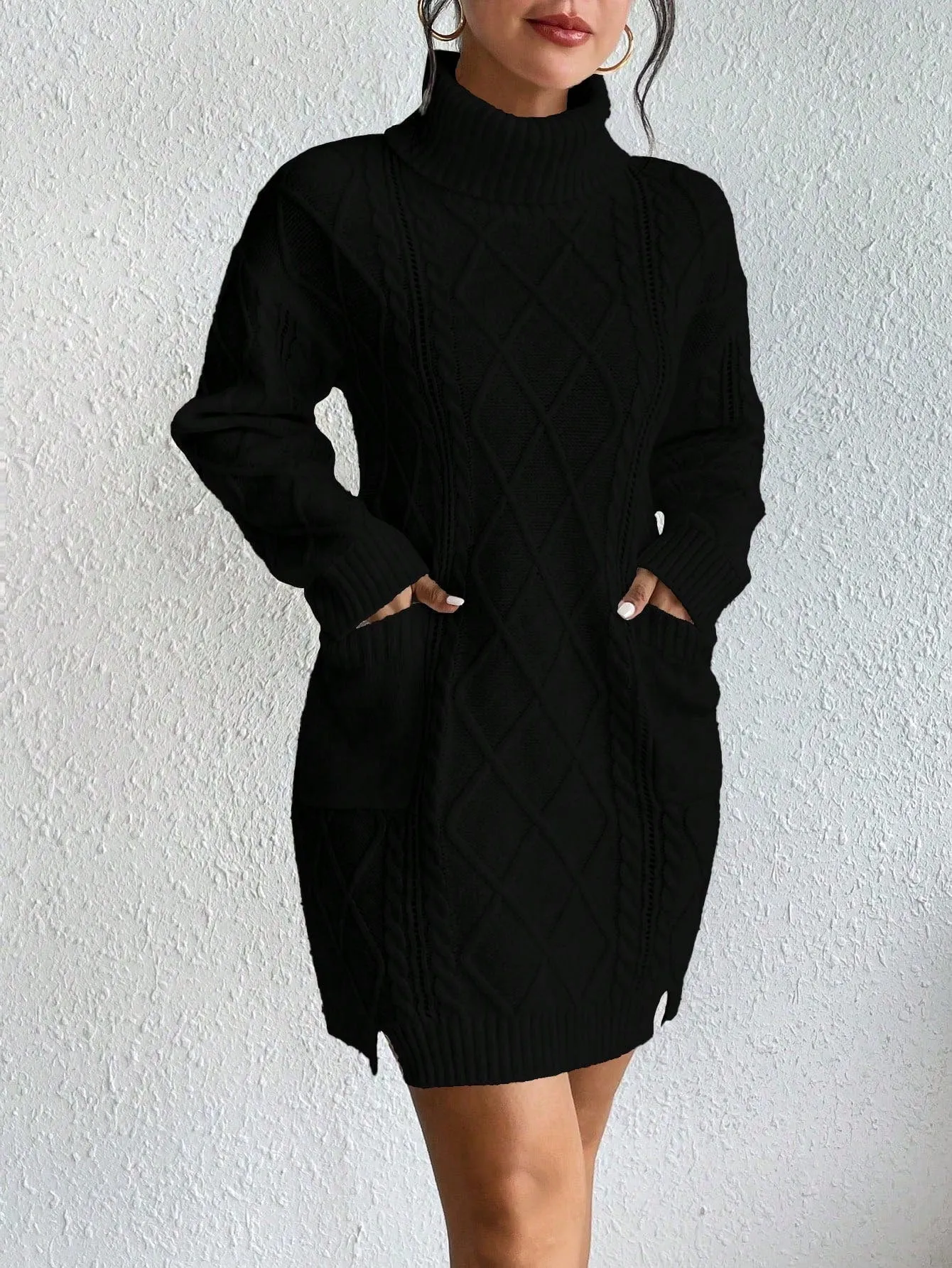 Turtleneck Dual Pocket Cable Knit Drop Shoulder Sweater Dress