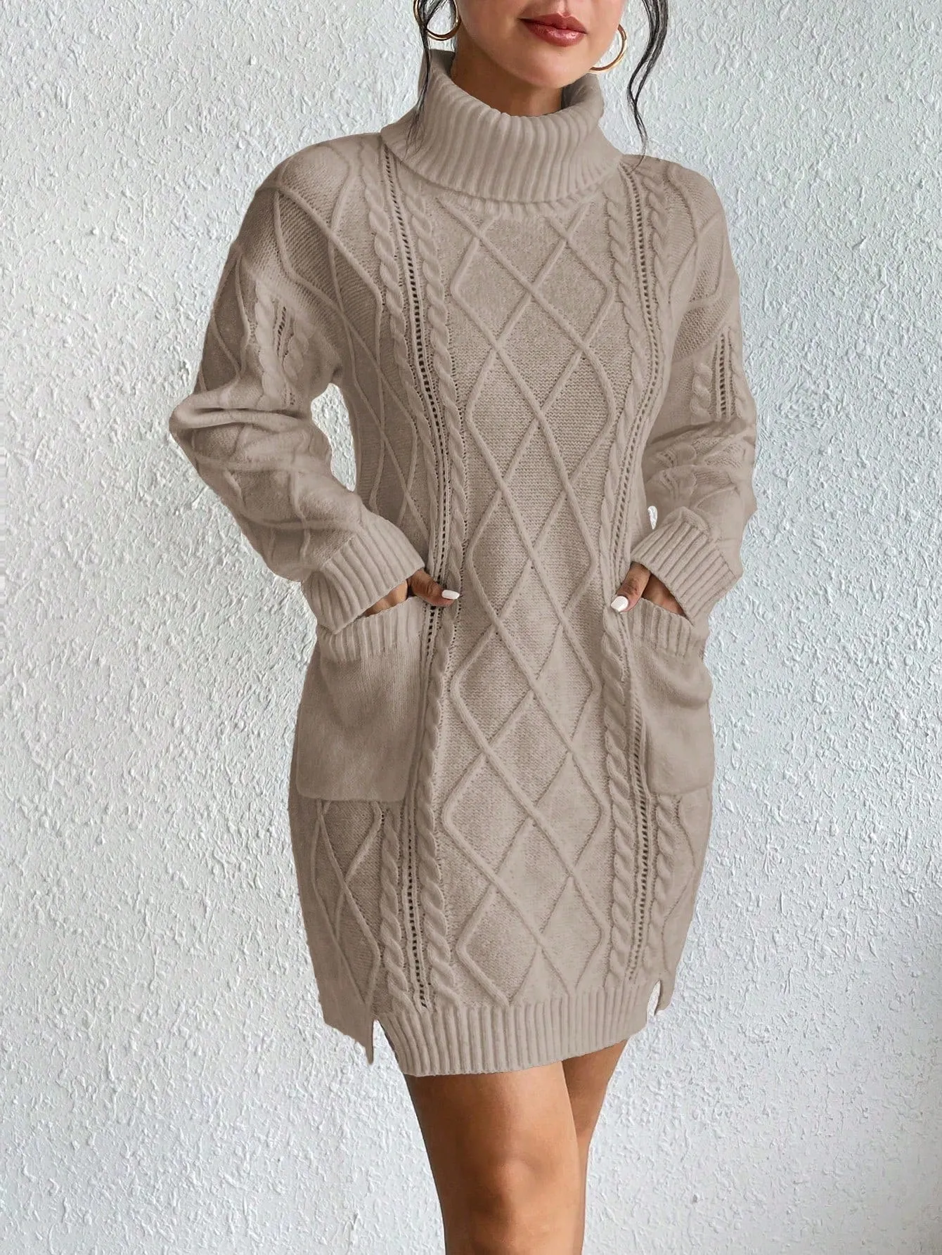 Turtleneck Dual Pocket Cable Knit Drop Shoulder Sweater Dress