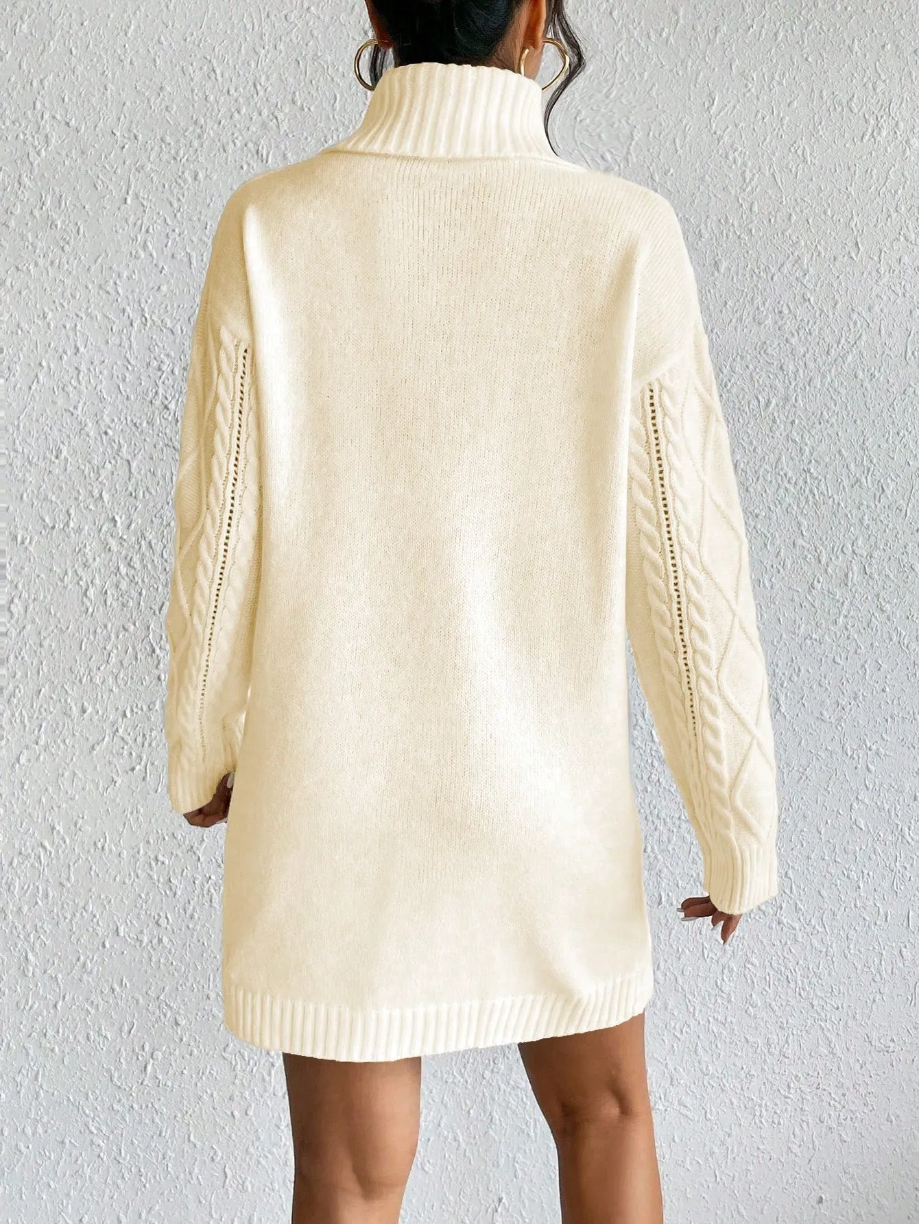 Turtleneck Dual Pocket Cable Knit Drop Shoulder Sweater Dress