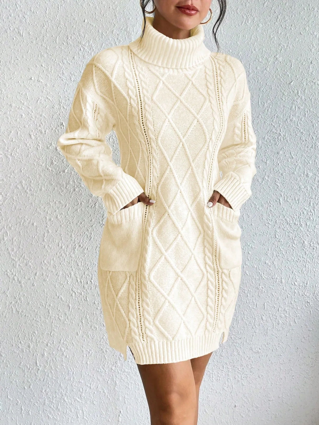 Turtleneck Dual Pocket Cable Knit Drop Shoulder Sweater Dress