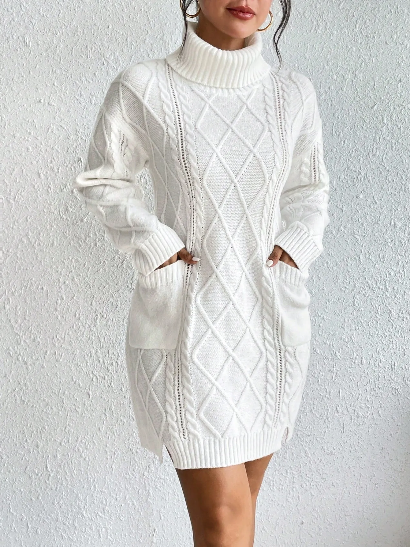 Turtleneck Dual Pocket Cable Knit Drop Shoulder Sweater Dress