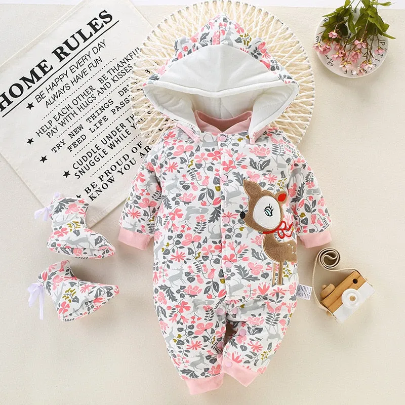 Unisex Cotton Thick Hooded Warm Rompers For Kids