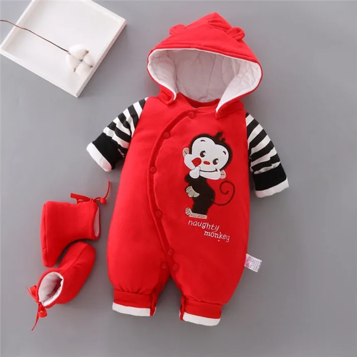 Unisex Cotton Thick Hooded Warm Rompers For Kids