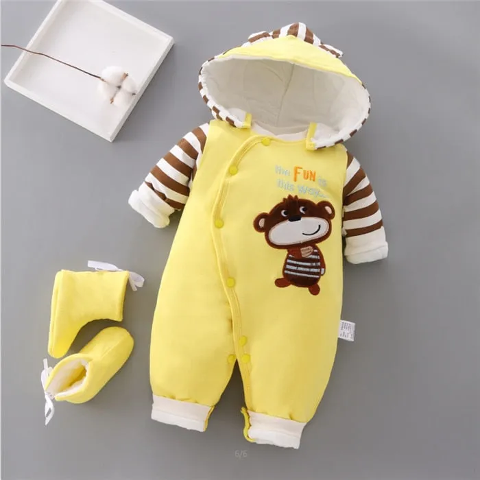 Unisex Cotton Thick Hooded Warm Rompers For Kids