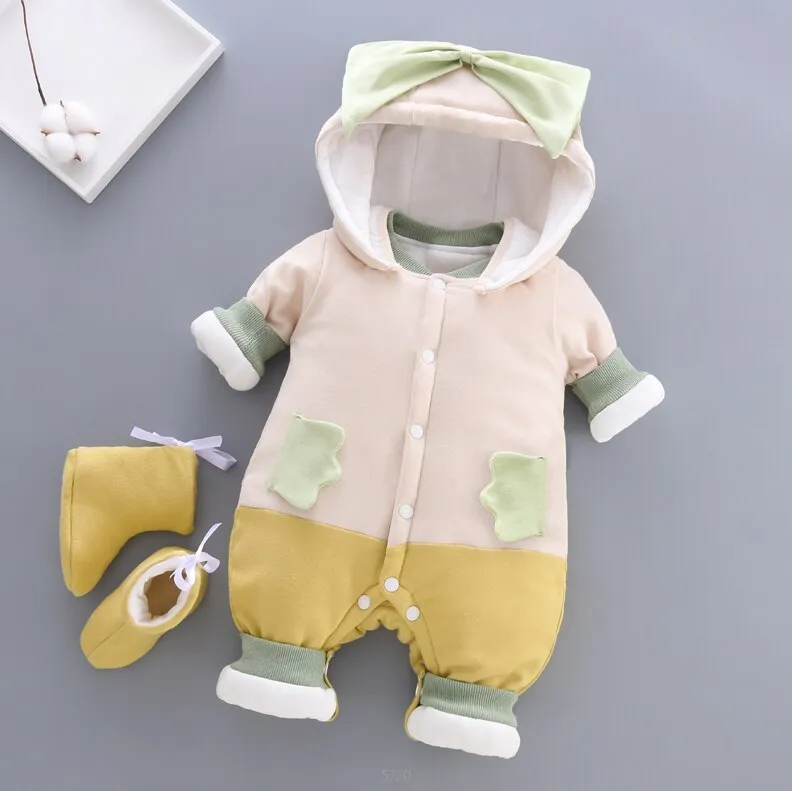 Unisex Cotton Thick Hooded Warm Rompers For Kids