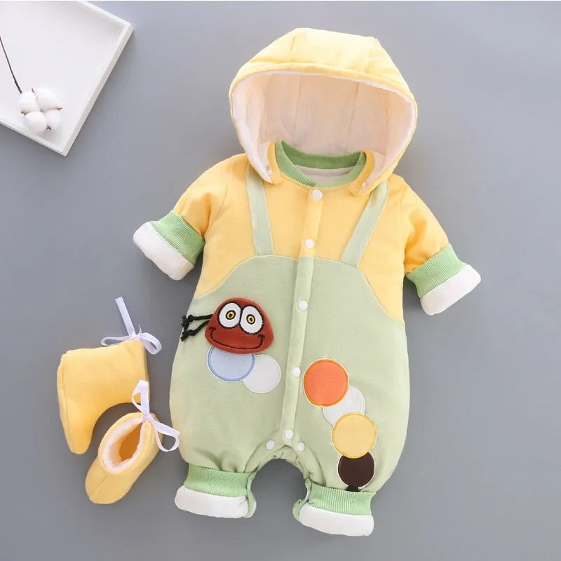 Unisex Cotton Thick Hooded Warm Rompers For Kids