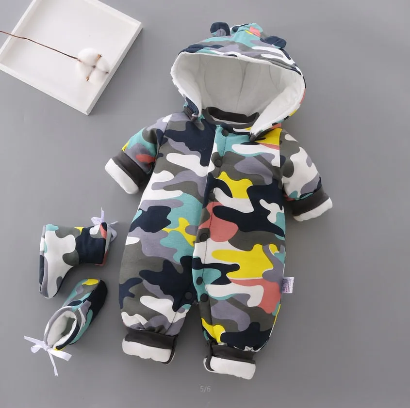 Unisex Cotton Thick Hooded Warm Rompers For Kids