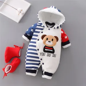 Unisex Cotton Thick Hooded Warm Rompers For Kids