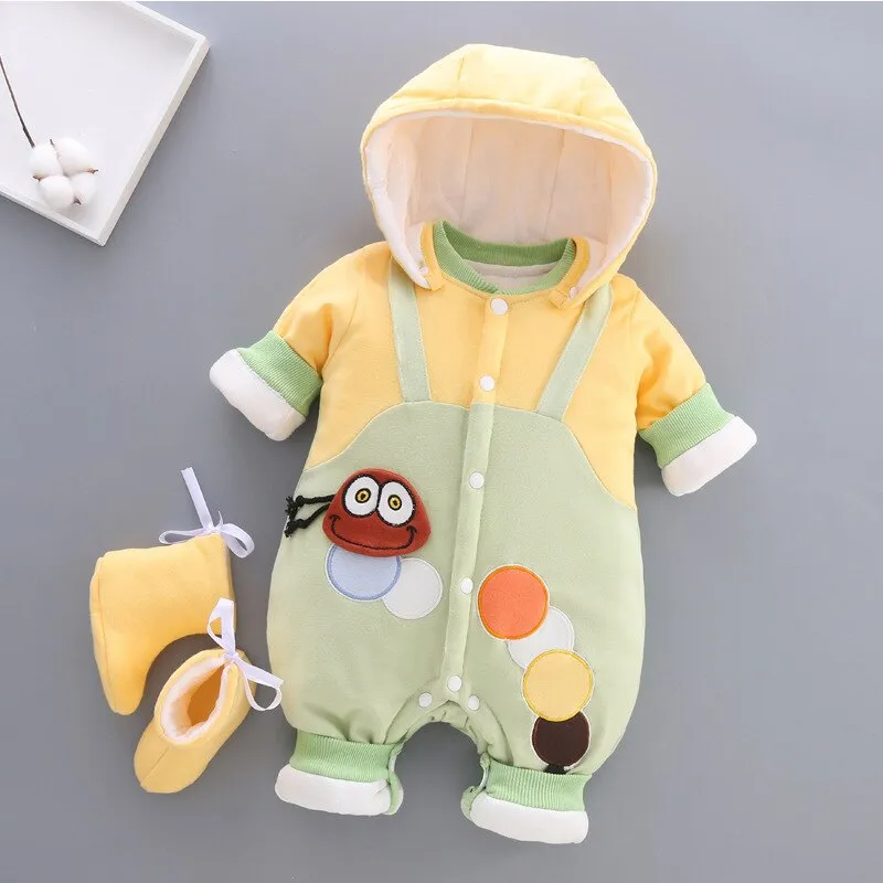 Unisex Cotton Thick Hooded Warm Rompers For Kids