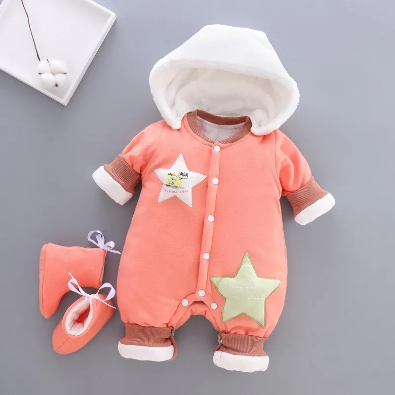 Unisex Cotton Thick Hooded Warm Rompers For Kids