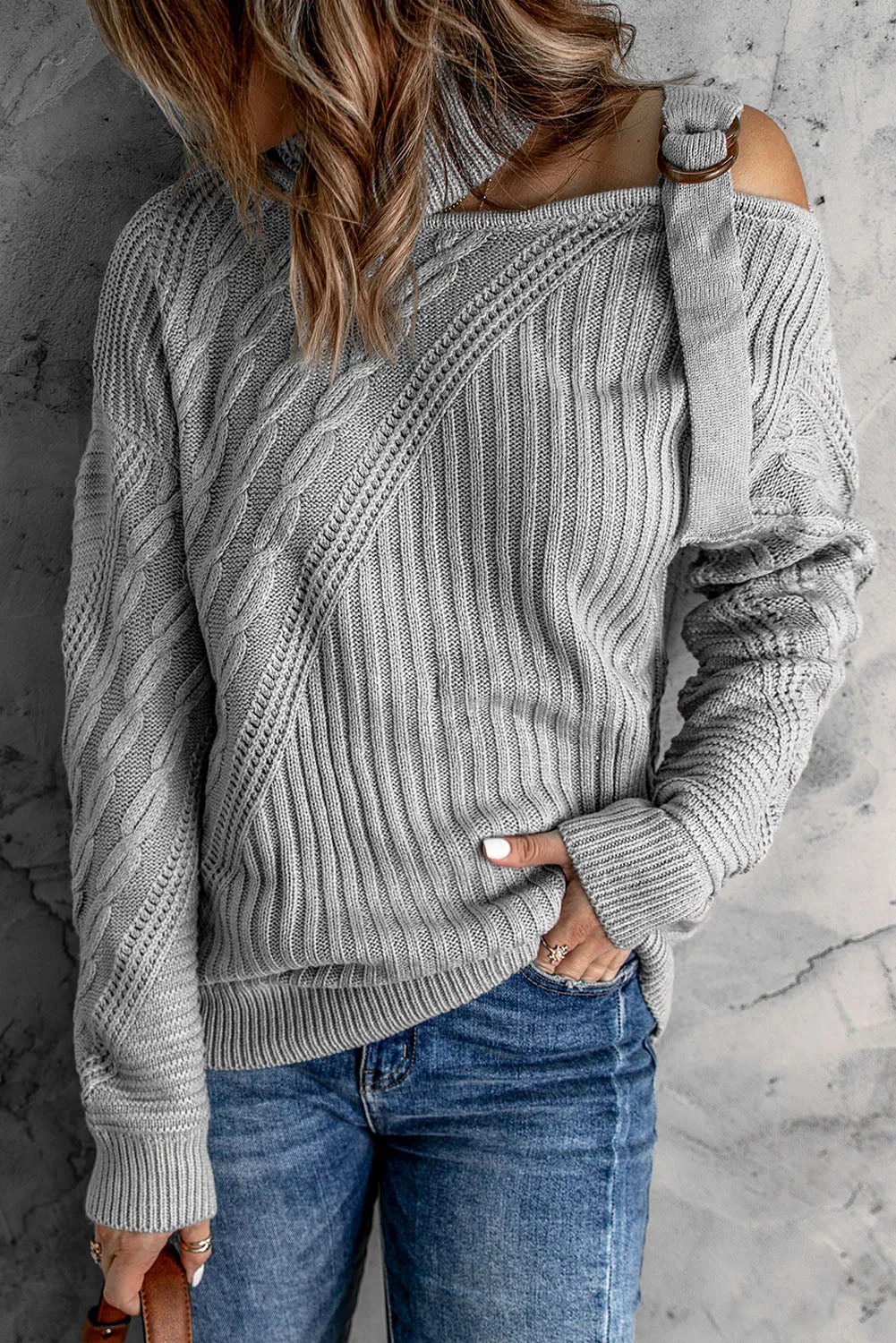 Women Solid Color Strapped Cut out Shoulder Turtleneck Sweater