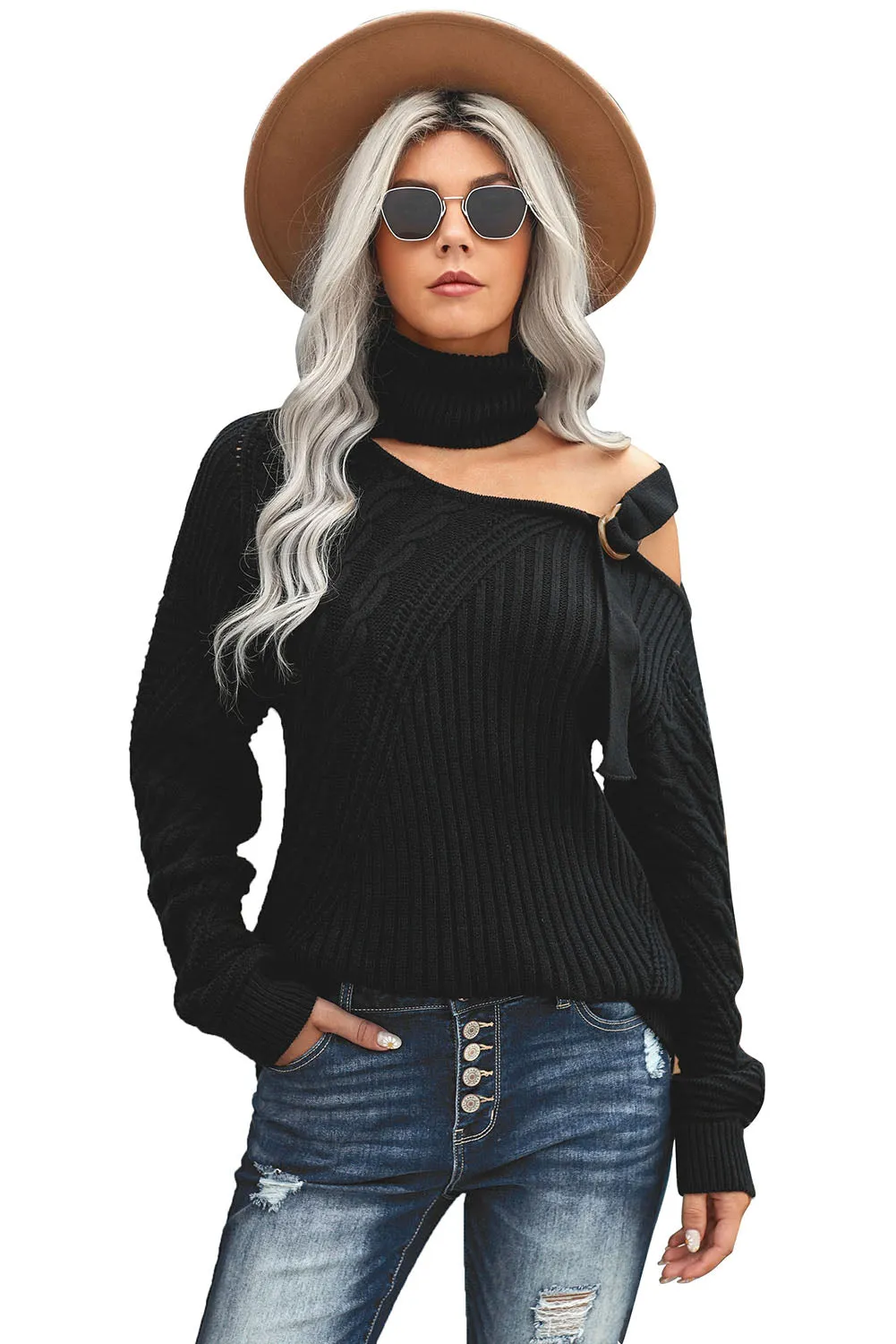 Women Solid Color Strapped Cut out Shoulder Turtleneck Sweater