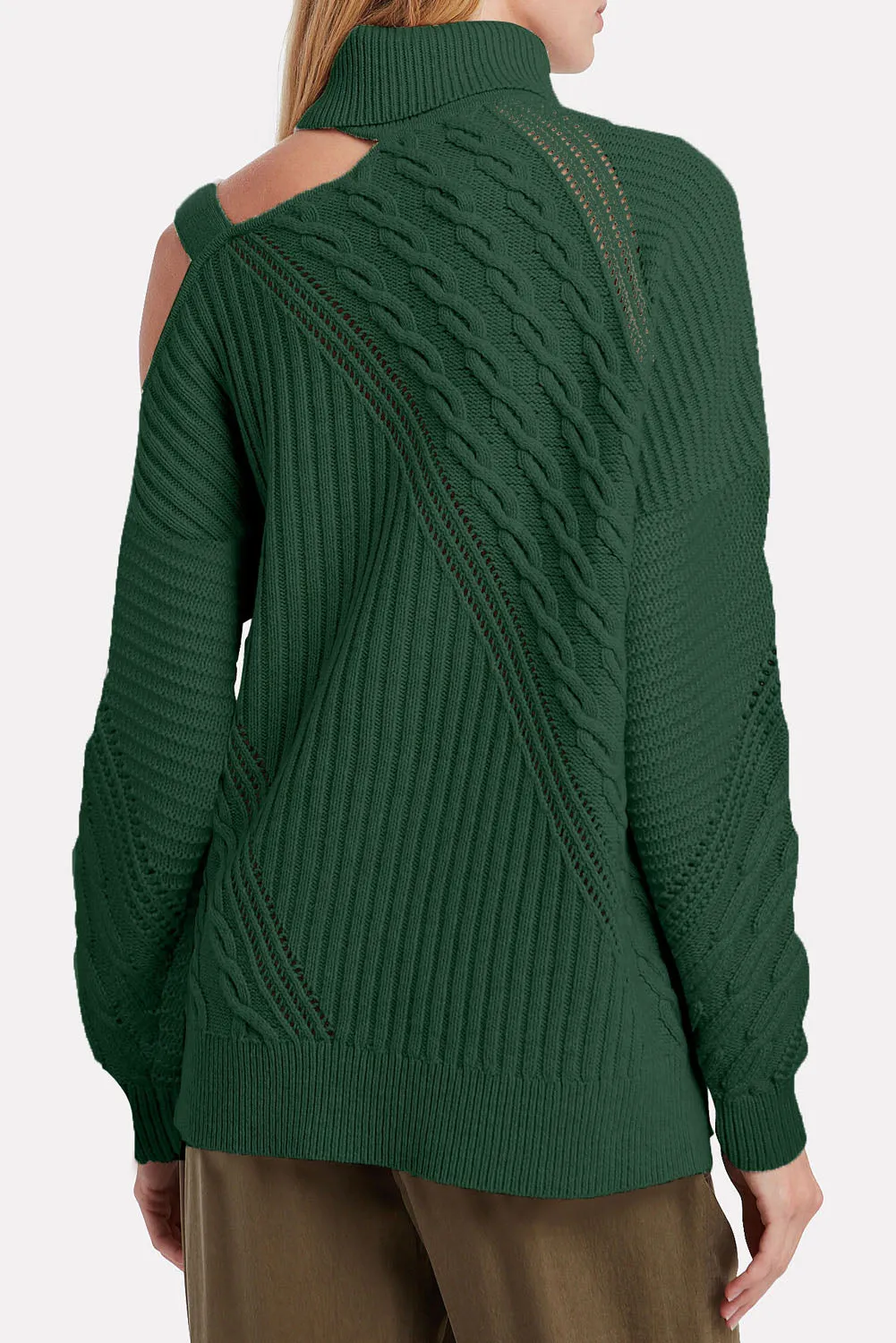 Women Solid Color Strapped Cut out Shoulder Turtleneck Sweater