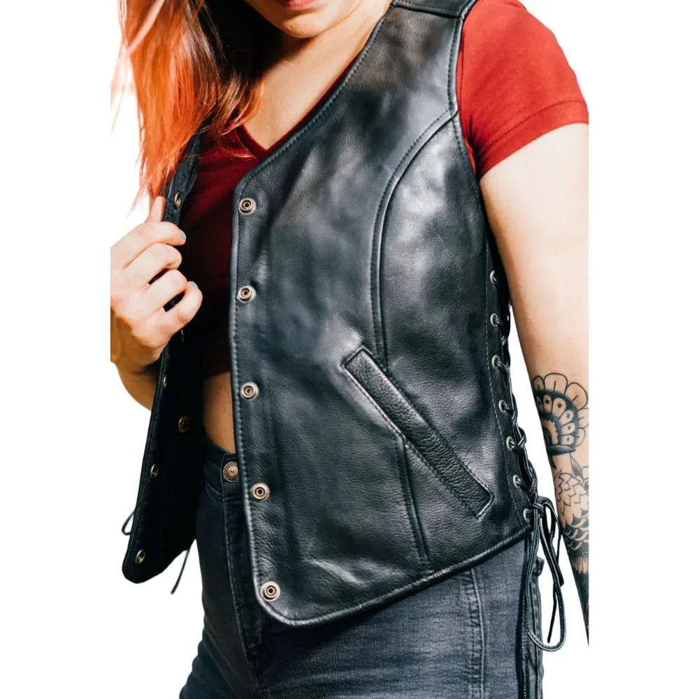 Womens Black Button Front Leather Vest